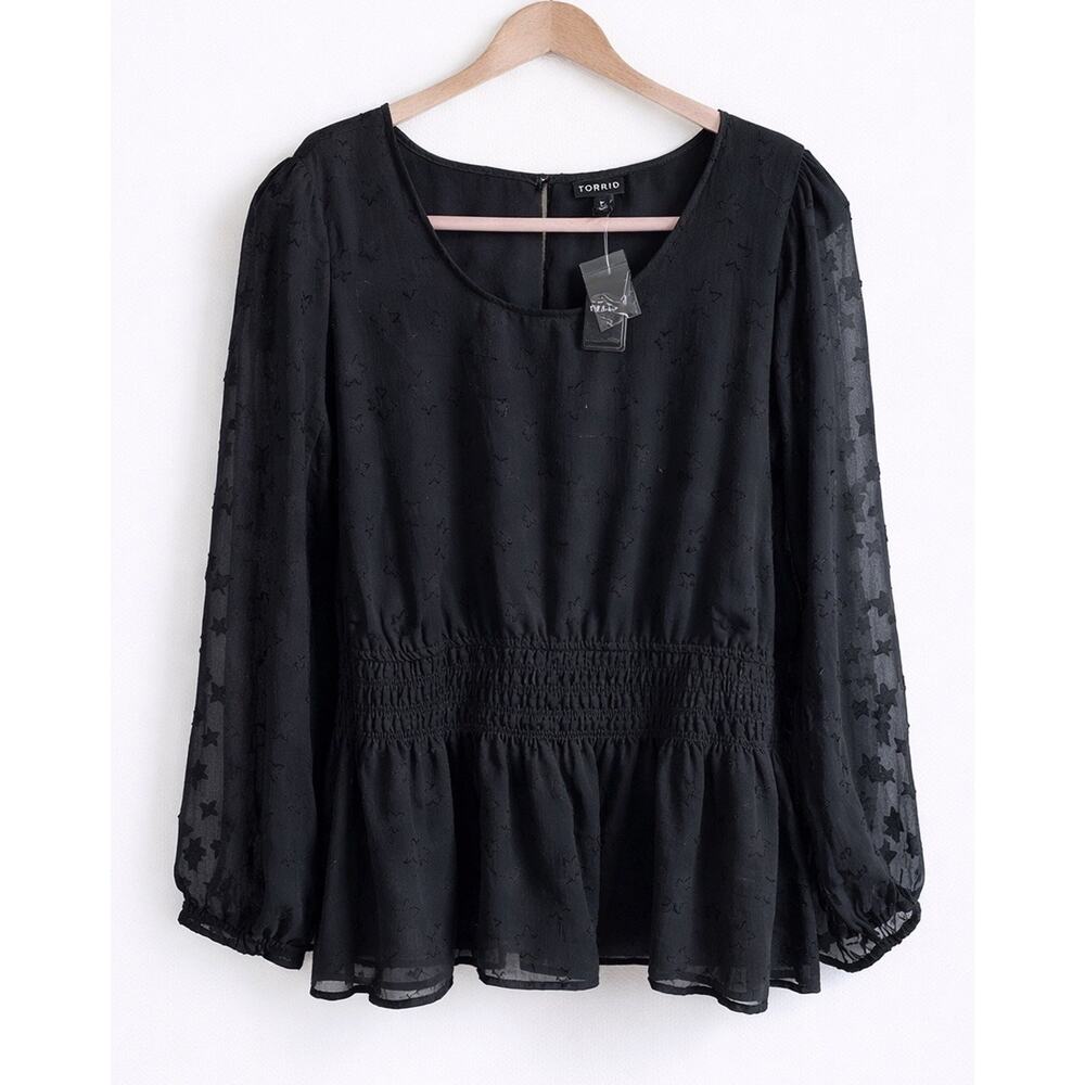 Torrid Blouse 5X Black Star Print Chiffon Peplum Sheer Long Sleeve NWT